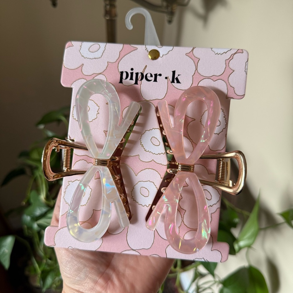 Viral Piper K Shiny Bow Hair Clip Set - Pink and Cream